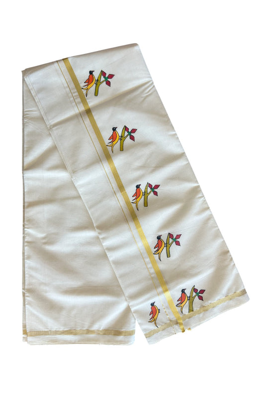 KaithariKada HANDLOOM Millpaav Balaramapuram - 100% PURE Cotton OFF White - (Unbleached) Double Mundu/Dothi - 1 Inch Kasavu kara Hand Painted Bird Design - 6KK5091RAM