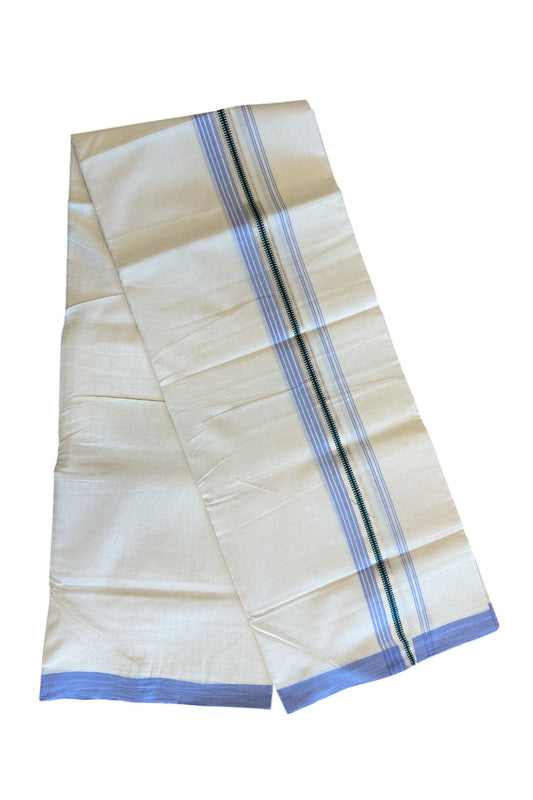 19% Discount! KaithariKada HANDLOOM UNAKKUPAAV Balaramapuram - 100% Cotton Double OFF White (Unbleached) - Mundu/Dhoti - 100x100 2.25 inch Lavendar & Green Silver kasavu Stripes Kara - 6KK5096YAR