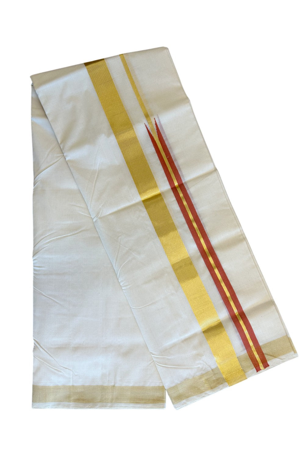 30% DISCOUNT ! KaithariKada HANDLOOM Unakkupaav Balaramapuram - 100% PURE Cotton Off White - (Unbleached) Double Mundu/Dhoti - 100x100  1.5 Inch Kasavu Brick Red long Chutty - 6KK5097ABH