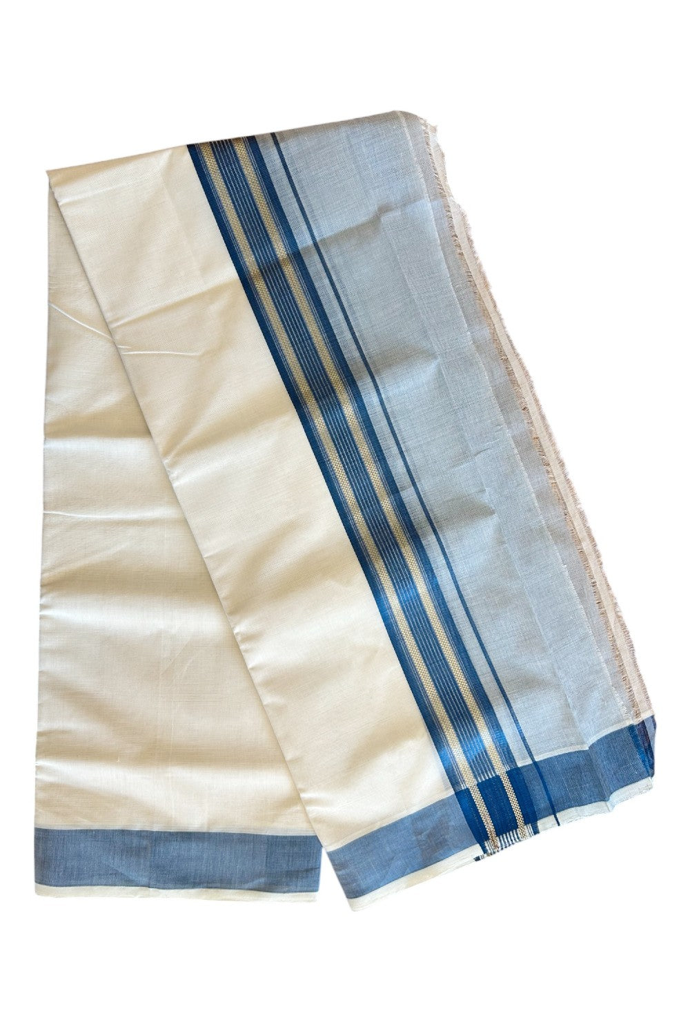 30% DISCOUNT! KaithariKada HANDLOOM Millpaav Balaramapuram - 100% PURE Cotton Off White (Unbleached) - Double Mundu/Dhoti - 6.75 inch Gold Kasavu Striped & Blue Half Tissue Kara- 6KK5105RAM