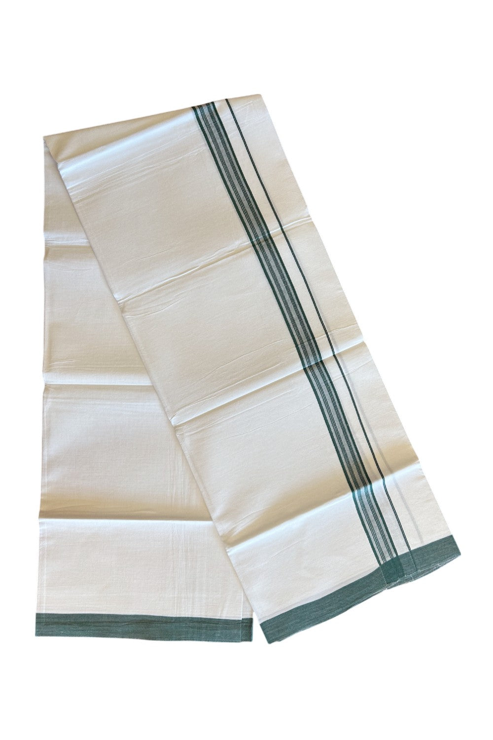 8% Discount ! Kaitharikada Balaramapuram 100% Cotton PURE WHITE SINGLE Mundu/Dothi- 1.75 inch Dark Green Striped Kara (2 meter / 4 muzham) - 6KK5018GAN