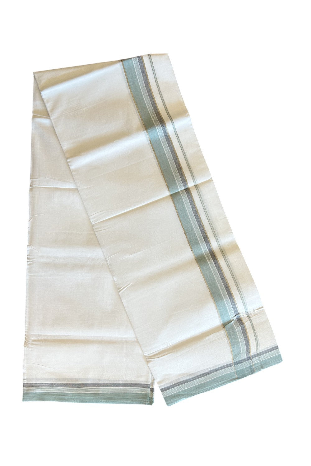 19% DISCOUNT!! Kaitharikada Balaramapuram 100% Cotton Ultra WHITE Double Mundu./Dothi-100x100 - 1.5 Inch Pestel Green & Black Silver Stripes Kara - 6KK5109THI