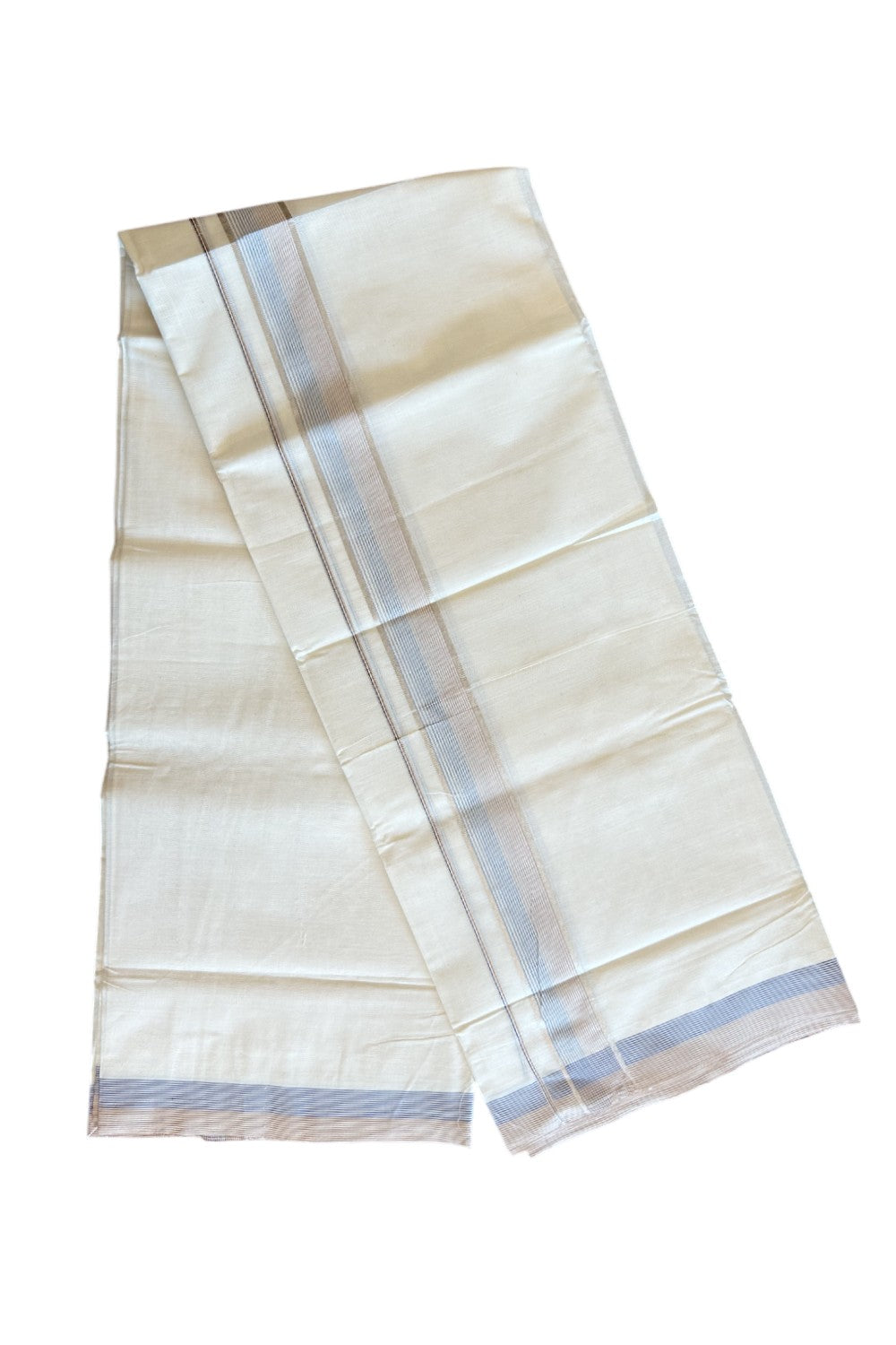 19% DISCOUNT! KaithariKada Balaramapuram 100% Cotton  Off white (Unbleached) Double Mundu/Dhoti-100x100 1.75 inch Silver Kasavu & Blue Brown Striped kara - 6KK5110THI