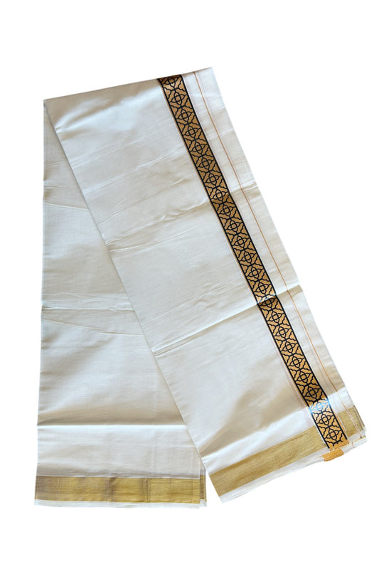 20% DISCOUNT ! KaithariKada Balaramapuram Mixed Cotton OFF White (Unbleached) Double Mundu/Dhoti - 80x80 Thread Mixed Cotton - 2 inch Gold kasavu & Black designer kara - 6KK5113PMC