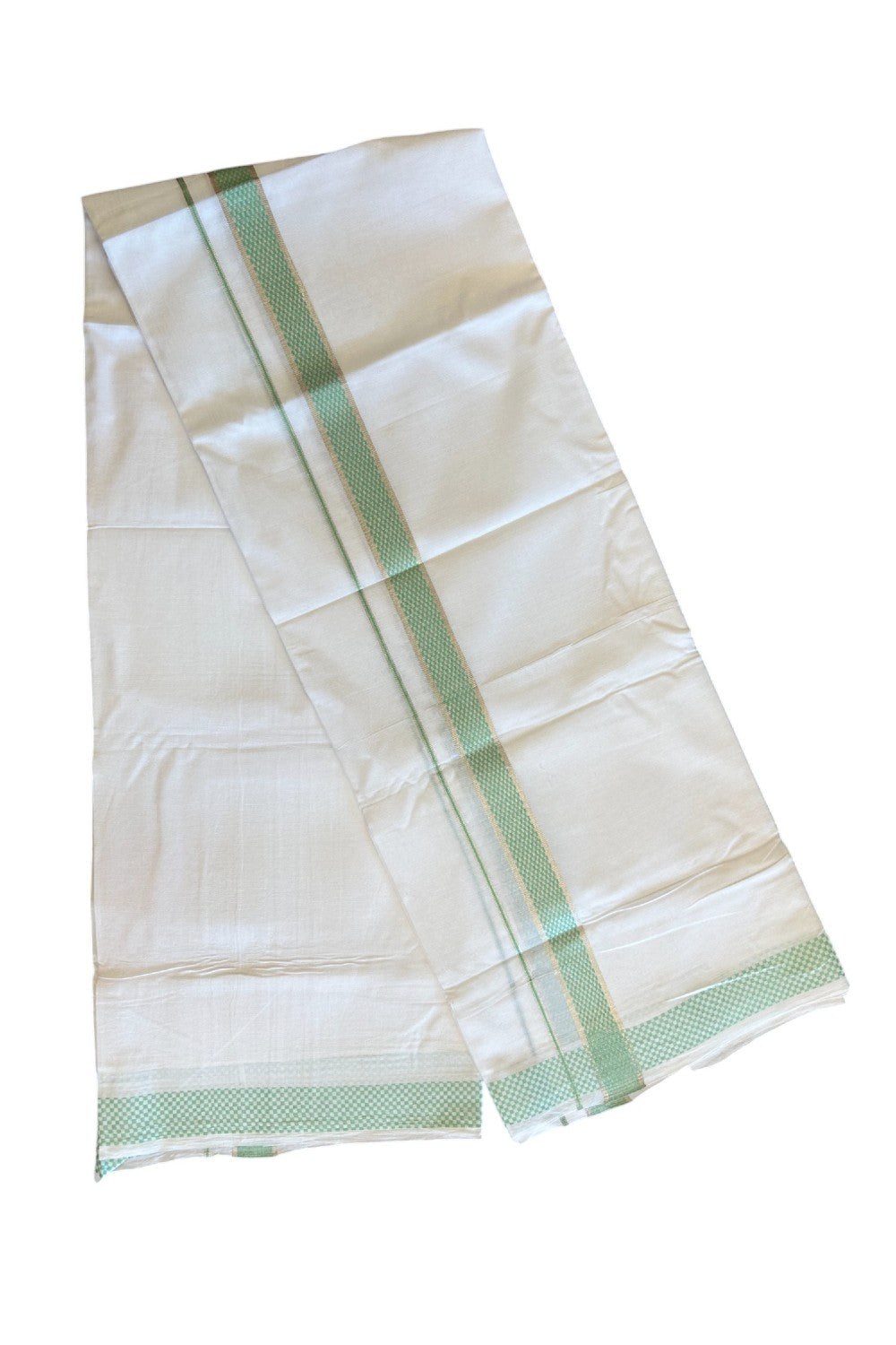 20% DISCOUNT! KaithariKada Balaramapuram 100% Cotton Double PURE white Mundu/Dhoti - 100x80 - 1.75 Inch Silver kasavu & Mint Green Check jacquard pattern Kara - 6KK5118PMC