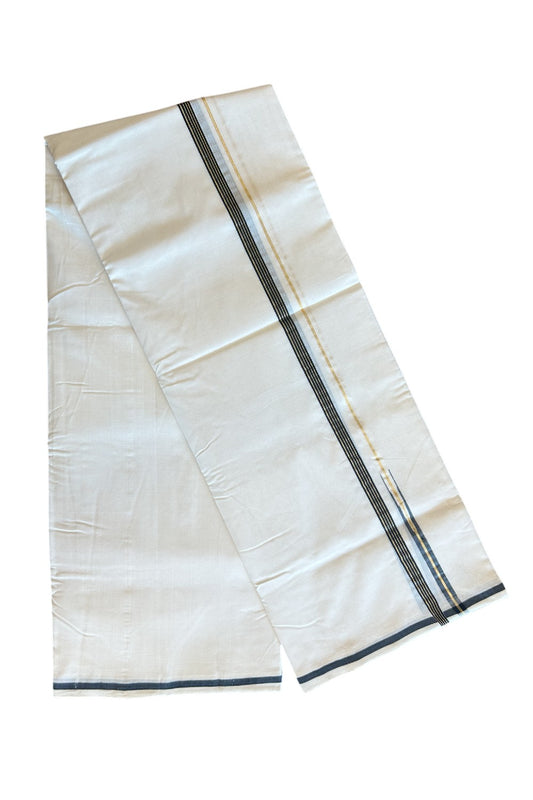 14% DISCOUNT!! KaithariKada HANDLOOM UNAKKUPAAV Balaramapuram - 100% PURE Cotton OFF White (Unbleached) Double Mundu/Dothi - Puliyilakkara kasavu BLACK GOLD Stripes chutty - 6KK5128YAR