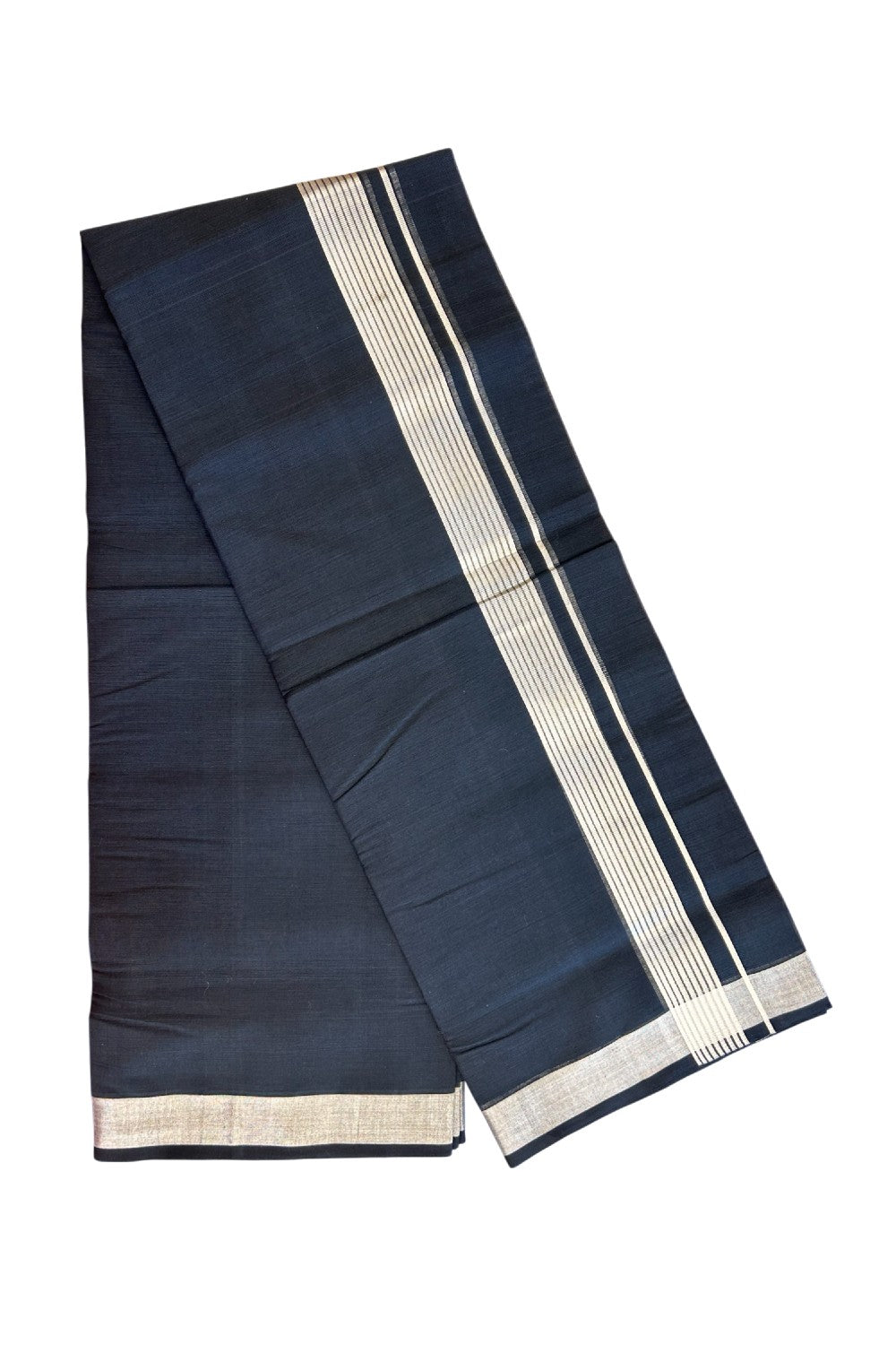 36% Discount! KaithariKada Handloom Unakkupaav Balaramapuram - 100% Cotton Double Mundu/Dhoti -100x100 - Black colour Body & 1.5 Inch Silver kasavu striped kara - 6KK5141ABH