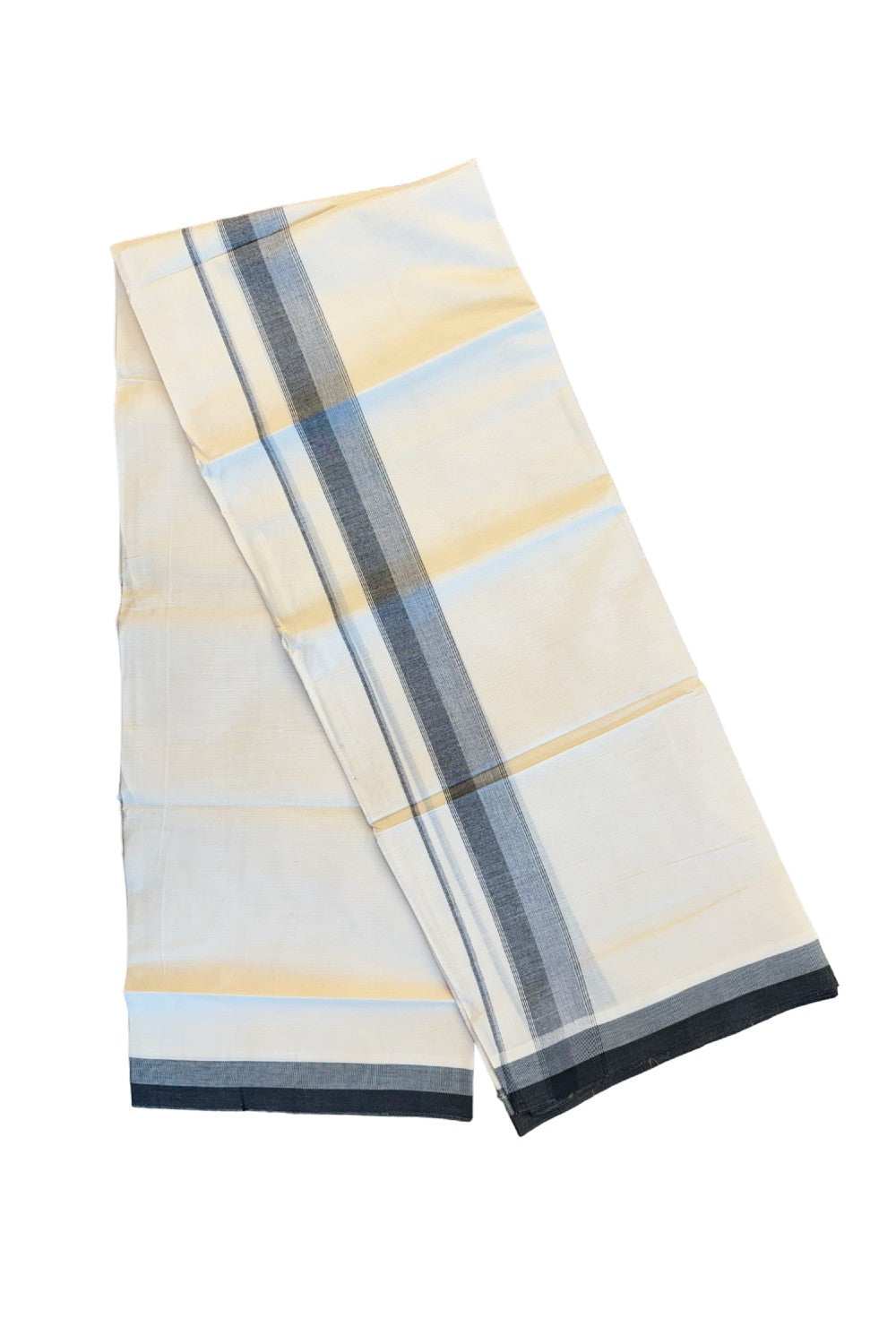 19% DISCOUNT ! KaithariKada Balaramapuram 100%  Cotton off white Double  Mundu/Dhoti - 100X100  Black stripes & Ash gray shaded kara - 6KK81VIN