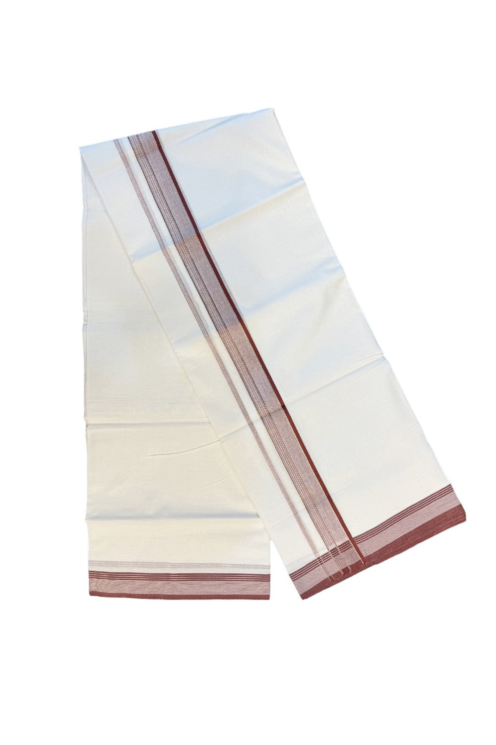 19% DISCOUNT!!! KaithariKada Balaramapuram 100% Cotton Double PURE white Mundu/Dhoti-100x100   2 Inch Silver kasavu white stripes & maroon shaded Kara  - 6KK83VIN