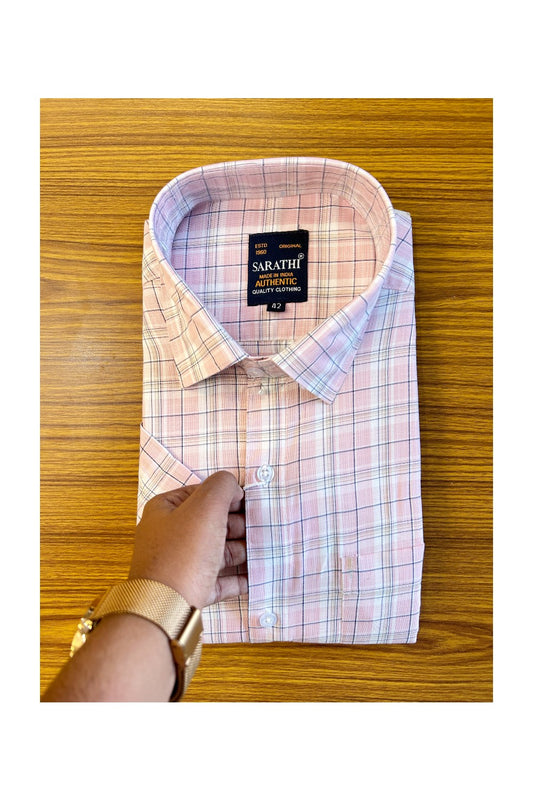 10%DISCOUNT! NEW !! Kaitharikada - 100% Pure Cotton  MULTICOLOUR PINK & WHITE BLACK Sarathi Authentic Quality Clothing Half Sleeve Check Shirt.- 6KKX6010SAR