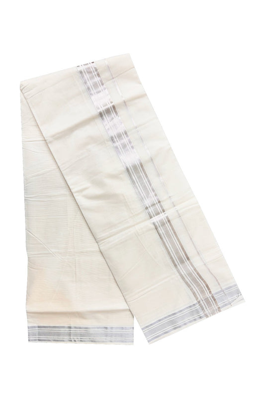 10% DISCOUNT! KaithariKada Balaramapuram 100% Cotton Double Off white Mundu/Dhoti-80X72- 2.25 inch Stripes SILVER Kasavu Kara-6VIN