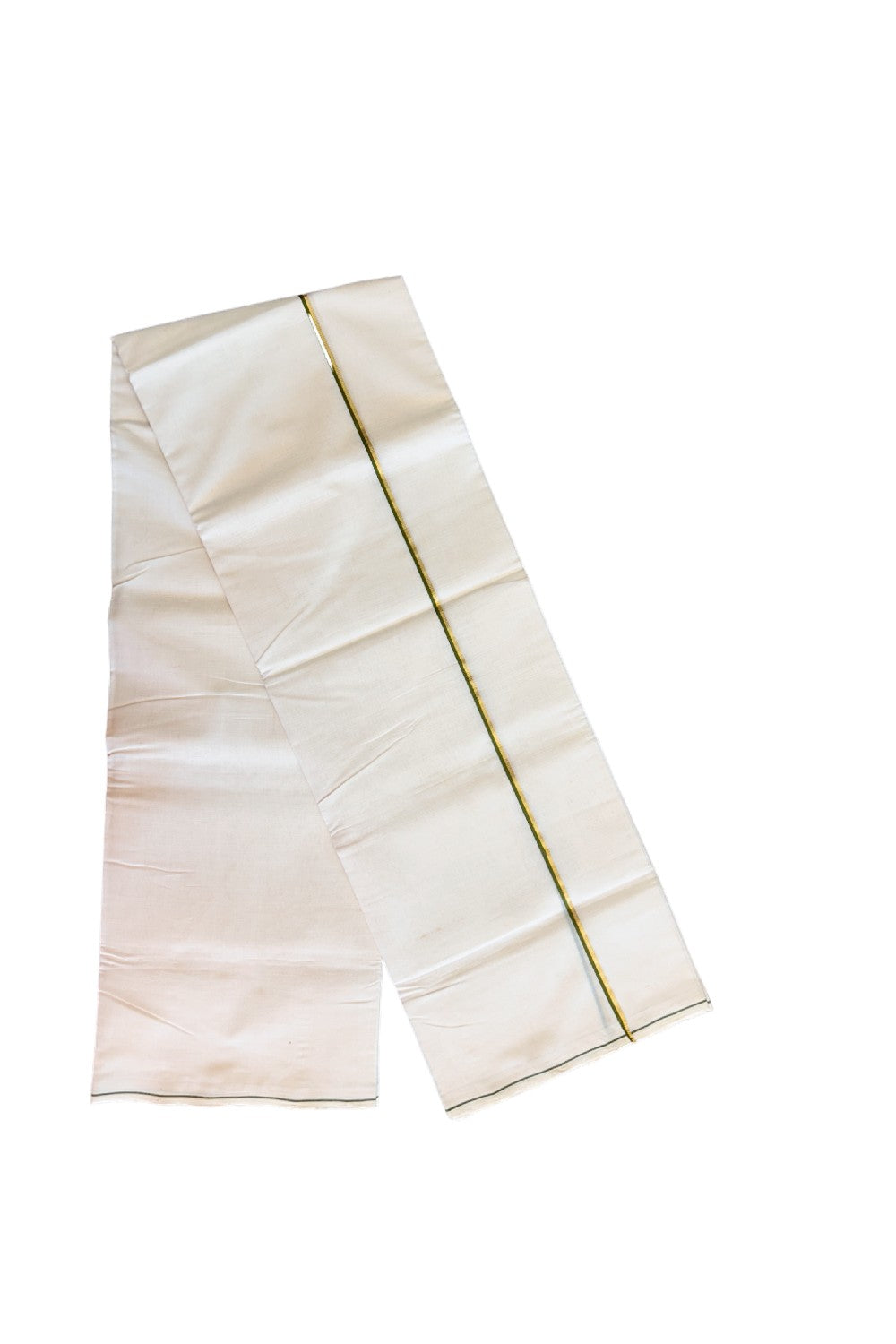 15% DISCOUNT!! KaithariKada HANDLOOM Unakkupaavu Balaramapuram - 100% PURE Cotton OFF White (Unbleached) Double Mundu/Dothi -  SAGE GREEN KASAVU STRIPED 0.75 cm Kara- KK48AKH-6.