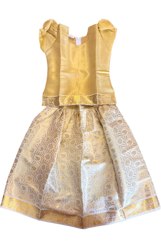 Midukki-Traditional South Indian Kids Pattu Pavada- Golden tissue top offwhite brocade skirt with kasavu- Age 8 - KK8MID006