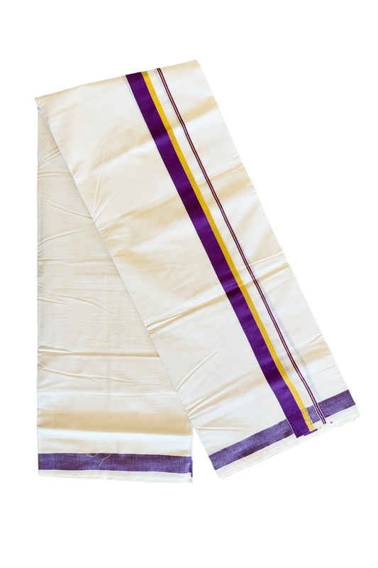 10% Discount! KaithariKada Balaramapuram 100% Cotton Off White - (Unbleached) Double Mundu/Dhoti-80x72 VIOLET & KASAVU - 6KK57VIN