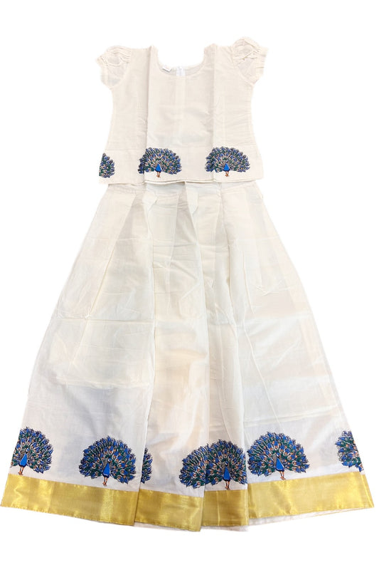 Midukki-Traditional South Indian Kids Pattu Pavada- Offwhite top with peacock print offwhite skirt with kasavu peacock print- Age 15&16 - KK15&16MID006