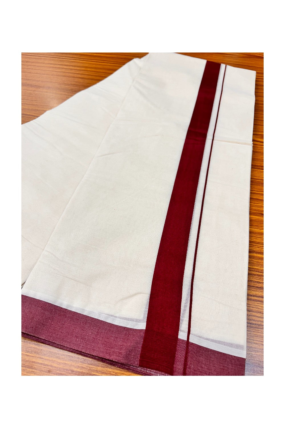 10% DISCOUNT ! KaithariKada Balaramapuram 100% Cotton Double Off white - (Unbleached) Mundu/Dhoti-100X100-  MAROON  1.75 inch Kara.- 6.