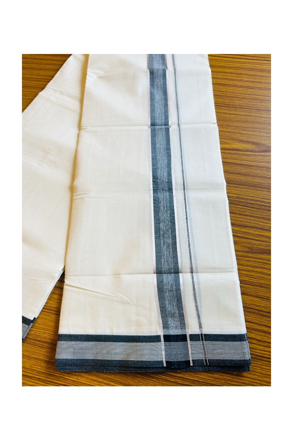 18% DISCOUNT!!! KaithariKada Balaramapuram 100%  Cotton off white Double - (Unbleached) Mundu/Dhoti - 100X100   Black & Silver stripes kara - 6KK401VIN