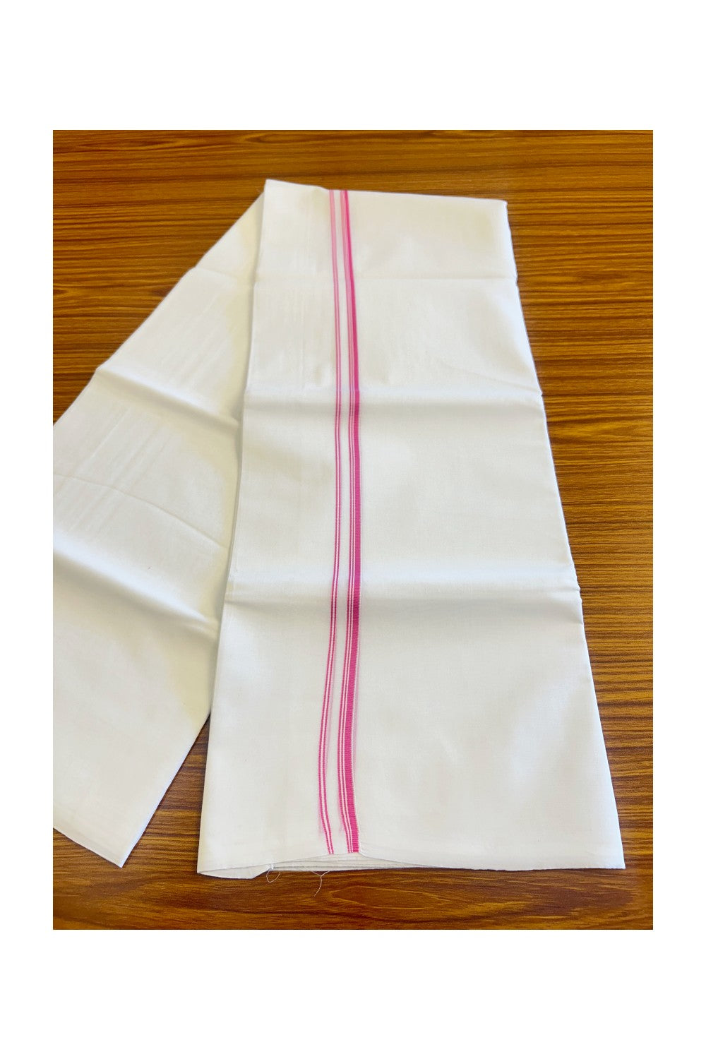 26% DISCOUNT ! KaithariKada Balaramapuram 100% Cotton Double Pure white Mundu/Dhoti-100X100 - Rose Pink & Stripes 2cm Kara.- 6KK406ASH