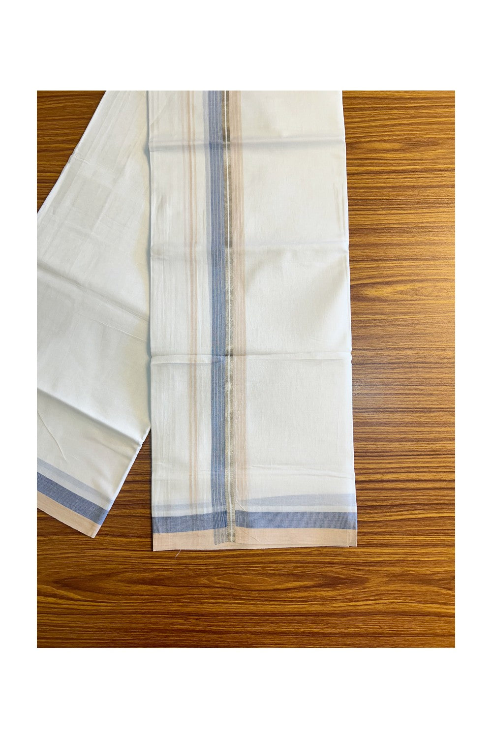 28% DISCOUNT!!! KaithariKada Balaramapuram 100% Cotton PURE white Double Mundu/Dhoti-100x90   2.5 Inch Silver kasavu Blue & Cream striped kara  - 6KK407VIN