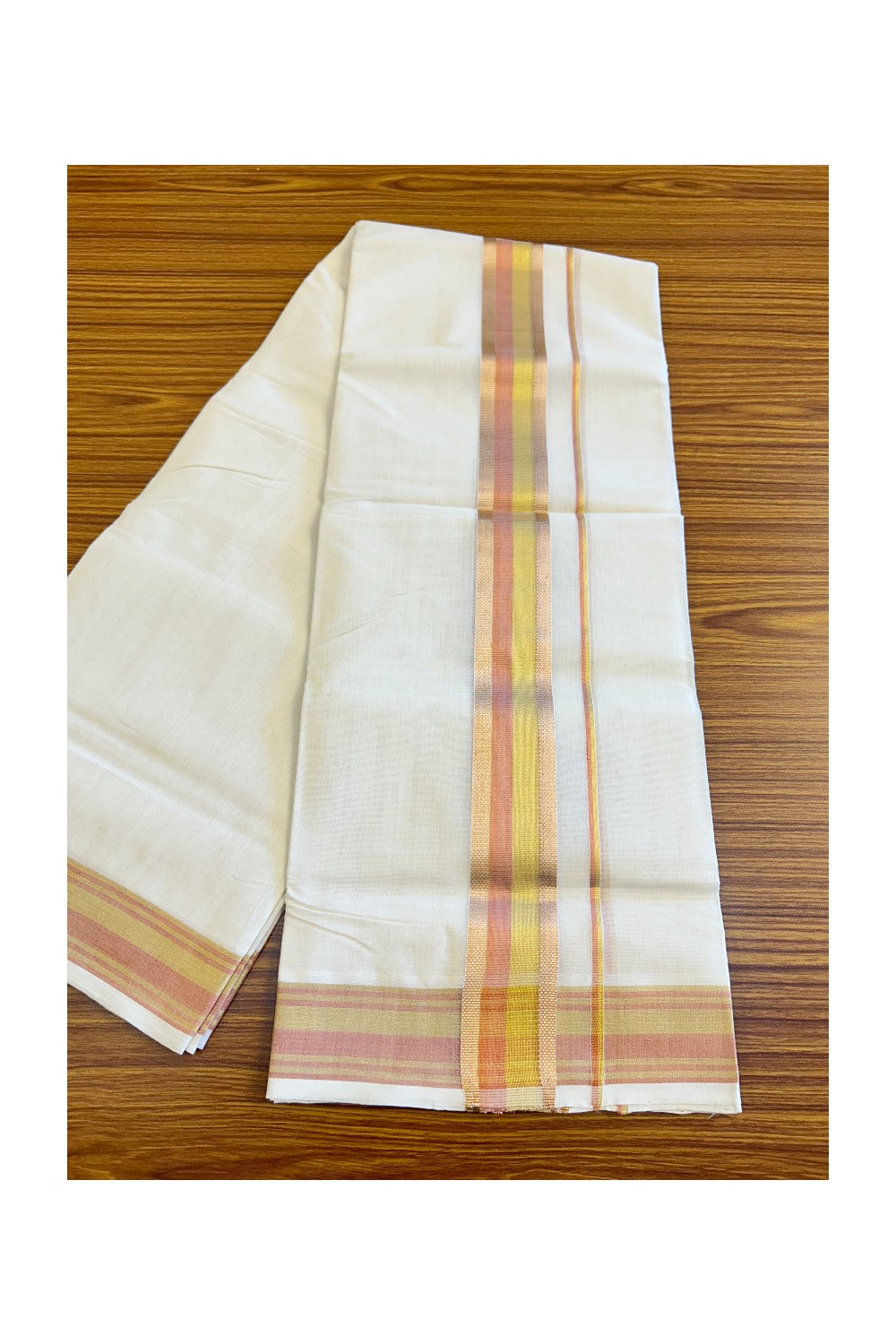 18% DISCOUNT!! KaithariKada HANDLOOM Millpaav Balaramapuram - 100% PURE Cotton OFF White Double Mundu/Dothi - 3 inch Copper & kasavu kara - 6KK410RAM