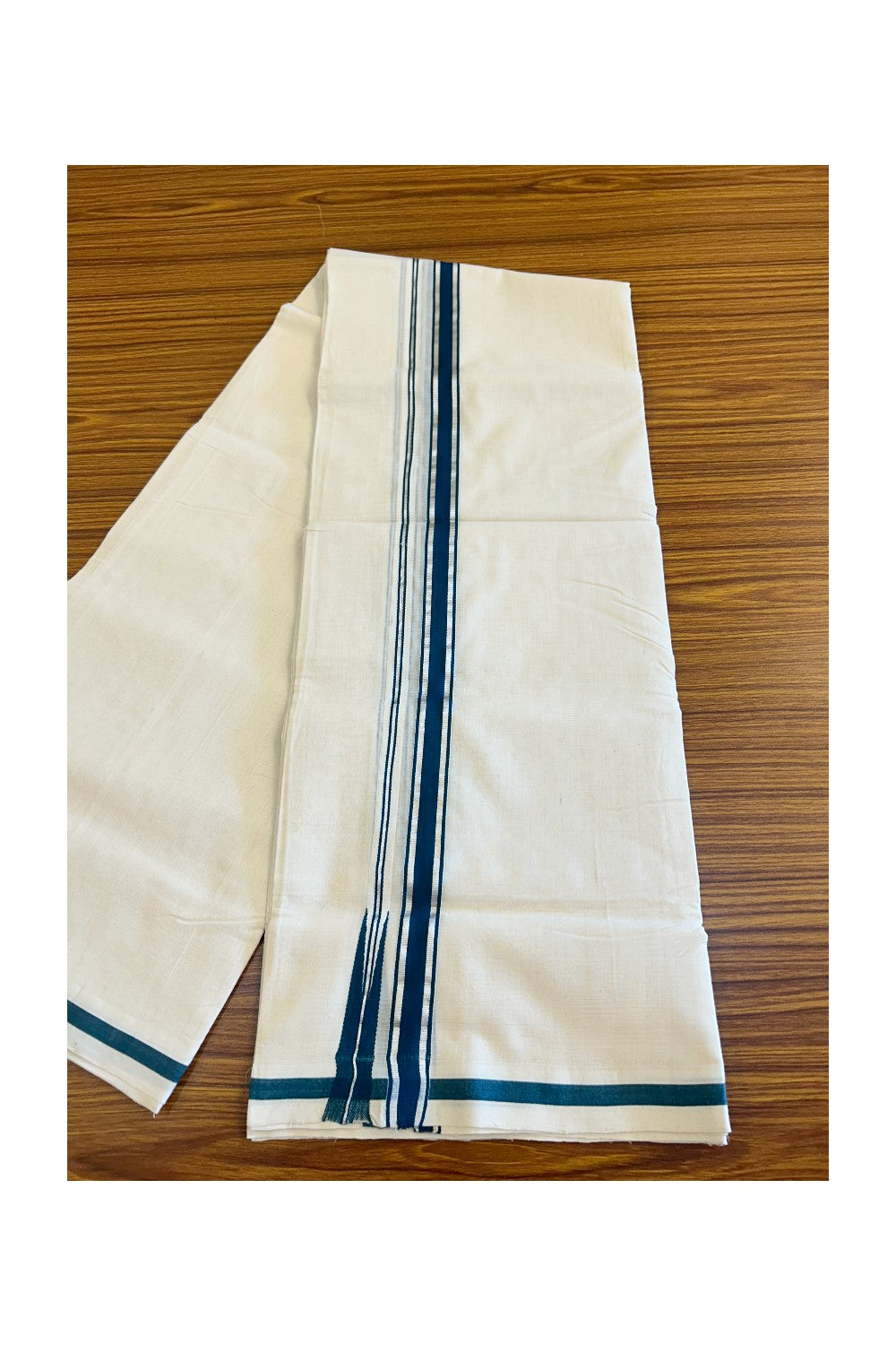 15% Discount!!! KaithariKada HANDLOOM UNAKKUPAAV Balaramapuram - 100% PURE Cotton off white Double Mundu/Dhoti - 1 inch Silver kasavu & Peacock green puliyilakkara chutty - 6KK415SOM