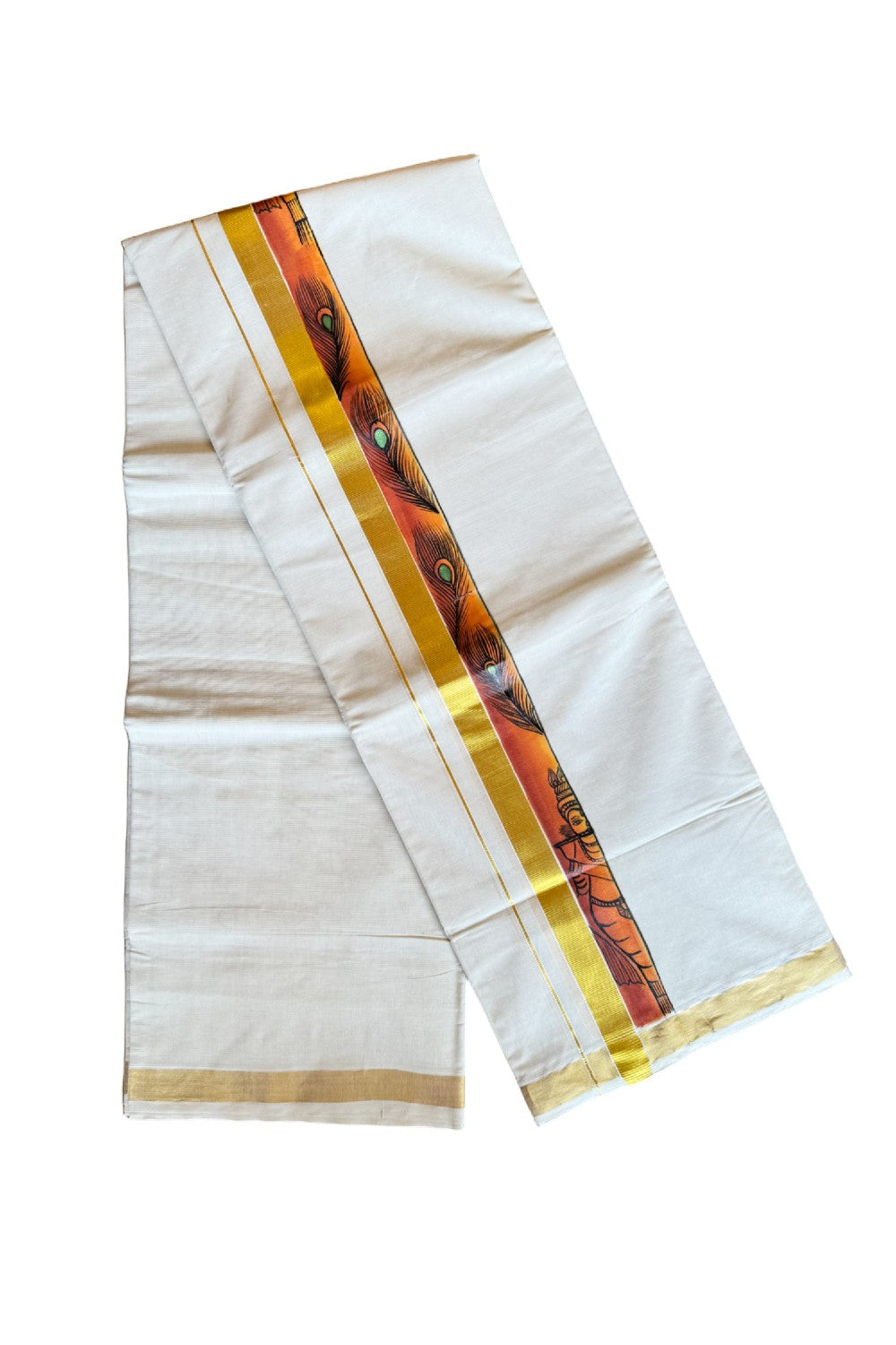 30% Discount! KaithariKada Balaramapuram 100% Cotton off white Double - (Unbleached) Mundu/Dhoti-80x72- Gold Kasavu HAND PAINTED Orange Peacock Feather and Krishna 2.75 inch Kara - 6KK424CEE