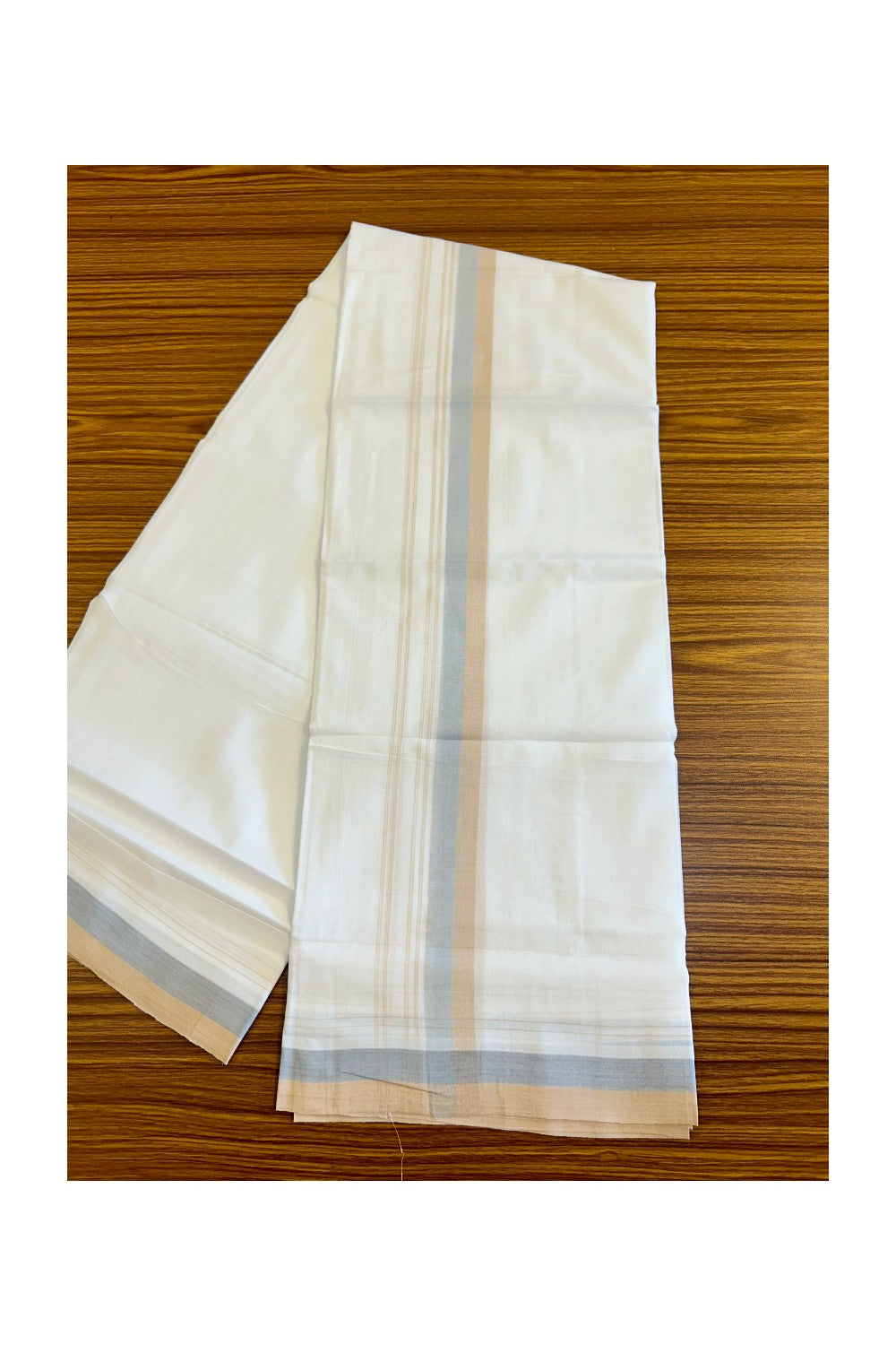 26% DISCOUNT!!! KaithariKada Balaramapuram 100% Cotton PURE white Double Mundu/Dhoti-100x90   2.25 Inch Sand Brown & Light Blue shaded stripes kara  - 6KK448VIN