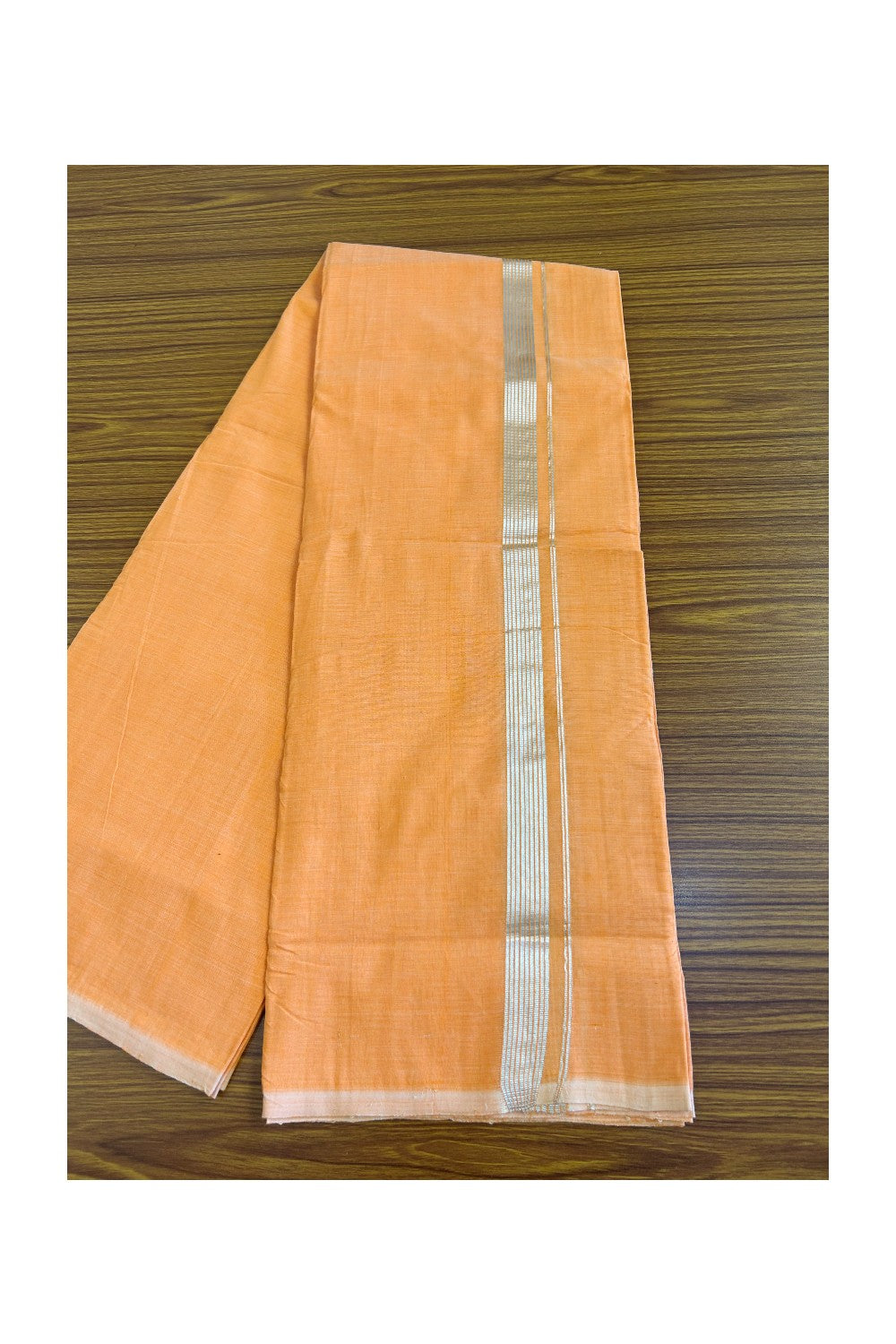 15% Discount! KaithariKada Handloom 100% Cotton Double Mundu/Dhoti - Orange Colour Body & Silver Striped 1.25inch Kara 3.94 mtr - 6KK452SOM