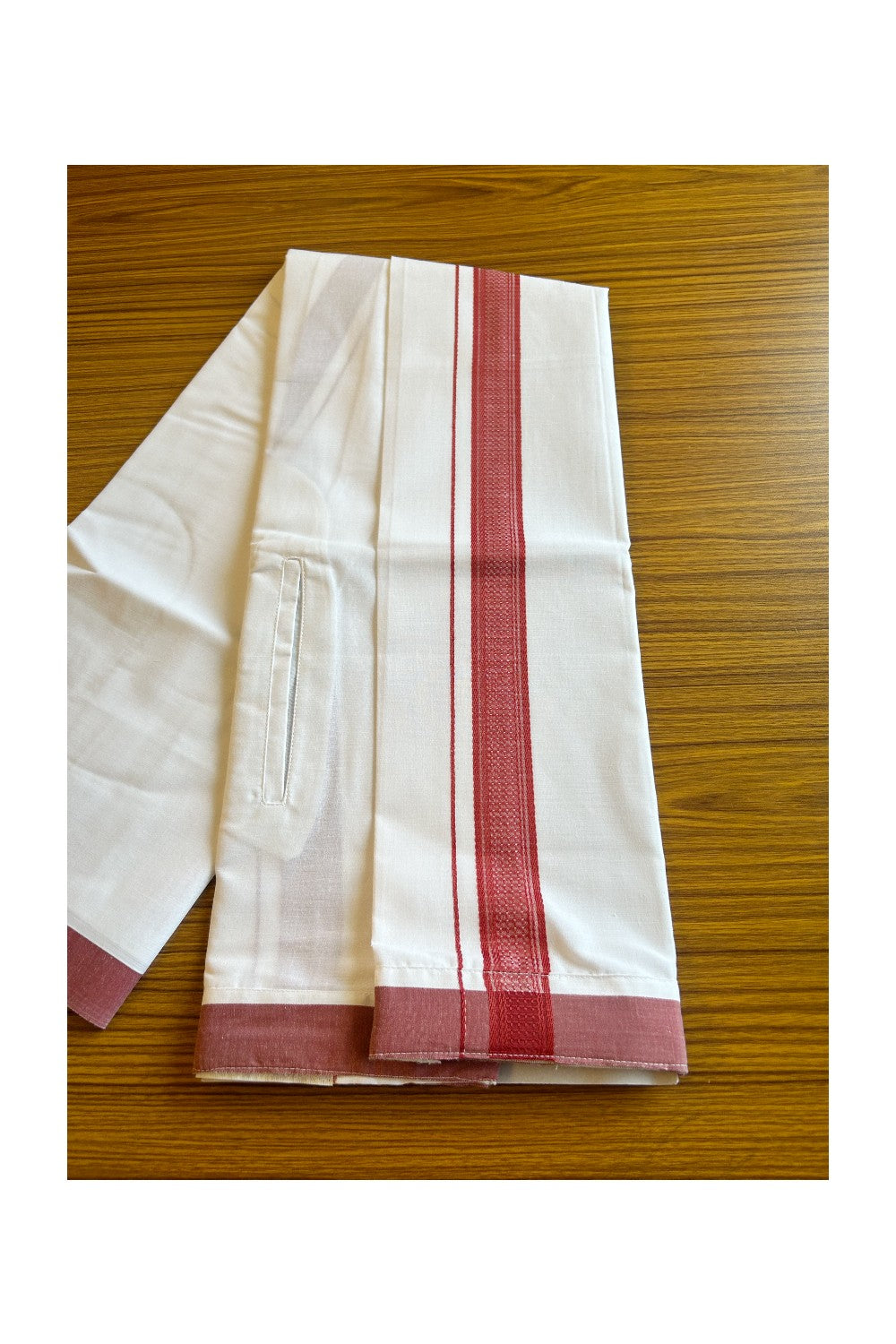 KaithariKada Balaramapuram  COTTON SINGLE PURE WHITE VELCRO Mundu/Dhoti - 1.75inch Brick Red kara - 6KK485SRI