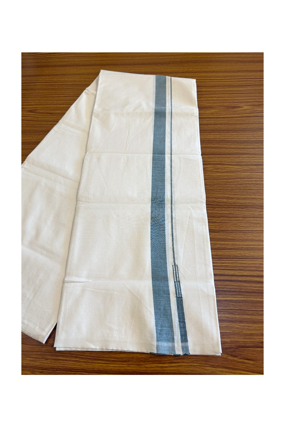 12% DISCOUNT ! KaithariKada Balaramapuram 100% COTTON SINGLE OFF WHITE Mundu/Dhoti-Twisted 100s Thread- 1.5 inch Green Puliyilakkara Chutty-6KK497ASH