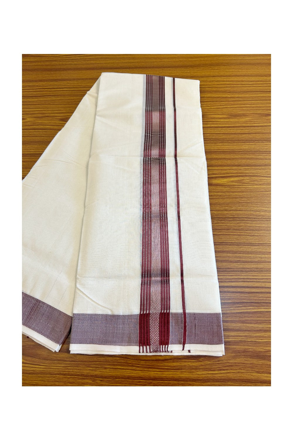 21% DISCOUNT!! KaithariKada HANDLOOM Millpaav Balaramapuram - 100% PURE Cotton OFF White Double Mundu/Dothi - 3 inch Dark MAROON & Silver kara - 6KK498KK