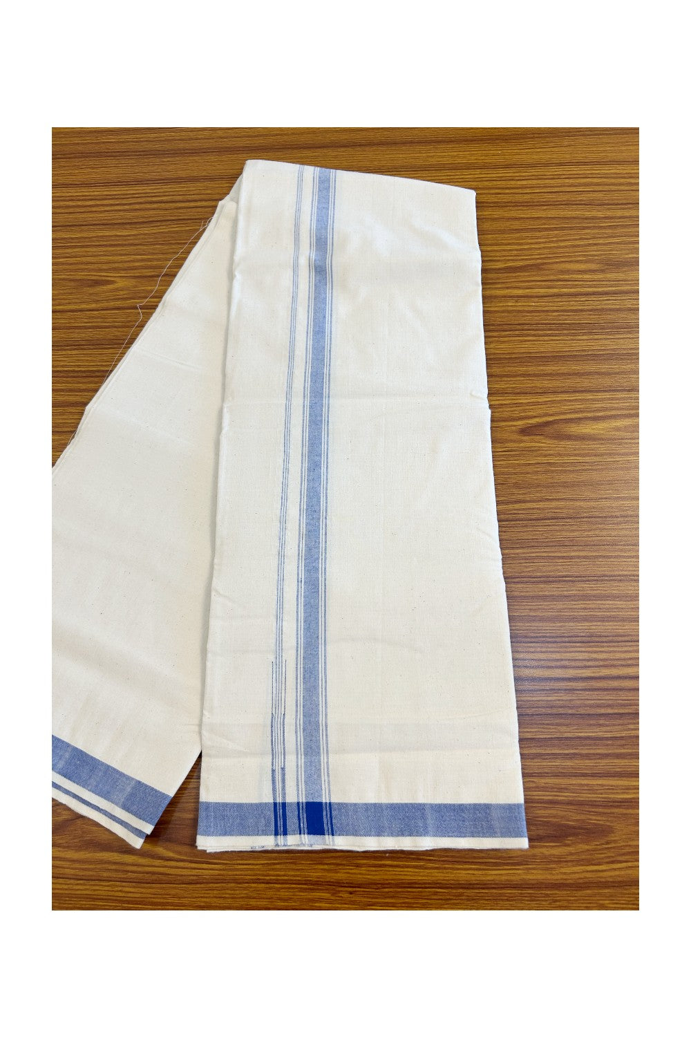 32% Discount KaithariKada 100% Cotton Balaramapuram HANDLOOM Single Mundu/Dhoti - Off White - (Unbleached) Puliyilakara Blue Striped Chutty Kara - 6KK499KK