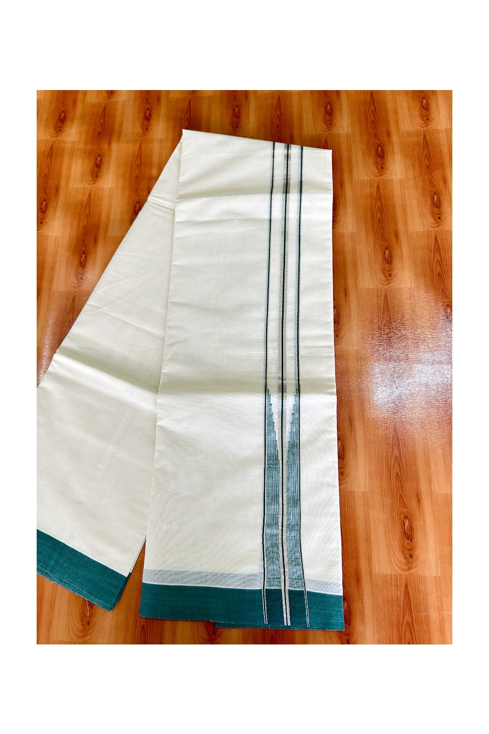 17% Discount !! KaithariKada Balaramapuram 100% Cotton off white - (Unbleached) Double Mundu/Dhoti - Puliyilakkara Green & Silver Big Striped Chutty kara - 6KK5003PMC