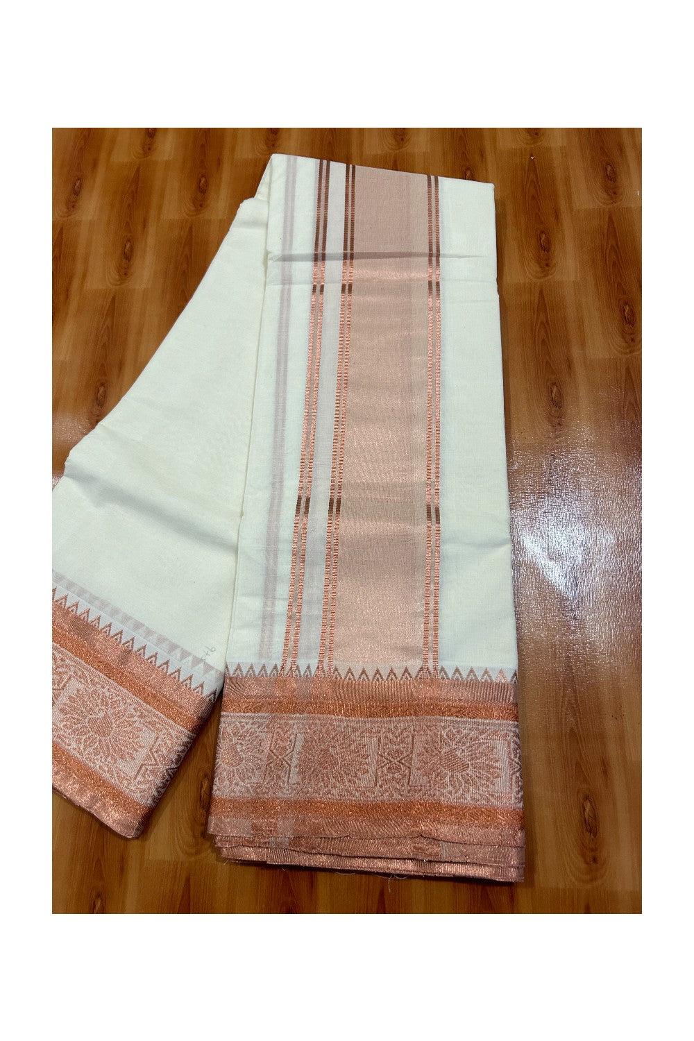 37% DISCOUNT! KaithariKada - Cotton Mix -  Off White - (Unbleached) - 80x80 thread- 80% Cotton & 20% Polyester - NORTH INDIAN - ATTACHED GAMCHA 9X5 Dhoti 5 inch Copper kara with Copper Design border  - 6KK5005PMC