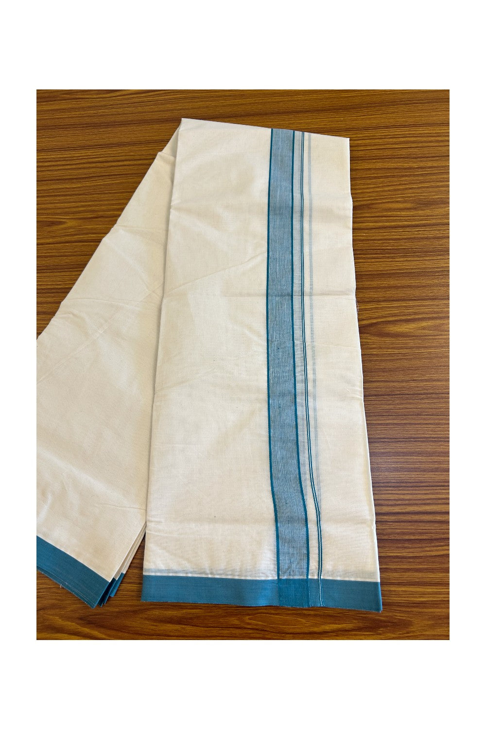 10% Discount KaithariKada Balaramapuram 100% Cotton Double Off white Mundu/Dhoti-100x100 2  inch Blue Green shaded Kara - 6KK500KK