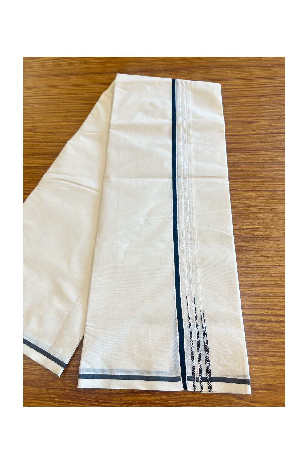 30% OFFER ! KaithariKada Balaramapuram 100% Cotton Double OFF WHITE - (Unbleached) Mundu/Dhoti-100x100  Puliyilakkara Chutty Black & SILVER Kasavu double chutty - 6KK5023ASH.