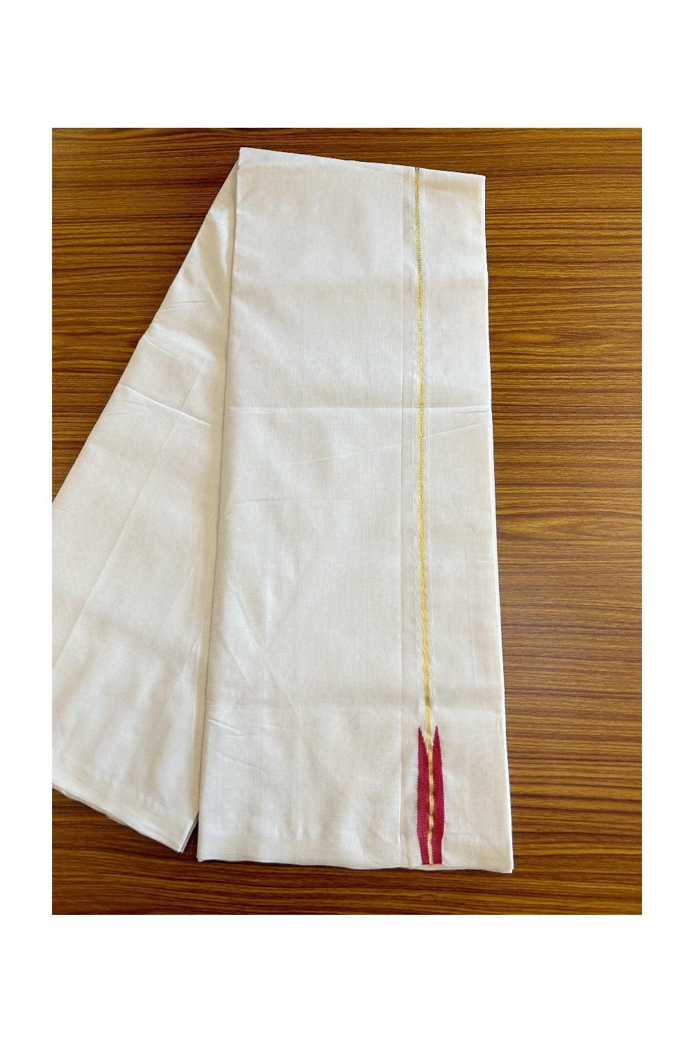 8% DISCOUNT!! KaithariKada HANDLOOM Unakkupaav Balaramapuram - 100% PURE Cotton OFF White Double - (Unbleached) Mundu/Dothi - Kasavu Pink Red puliyilakkara chutty- 6KK5029RAM