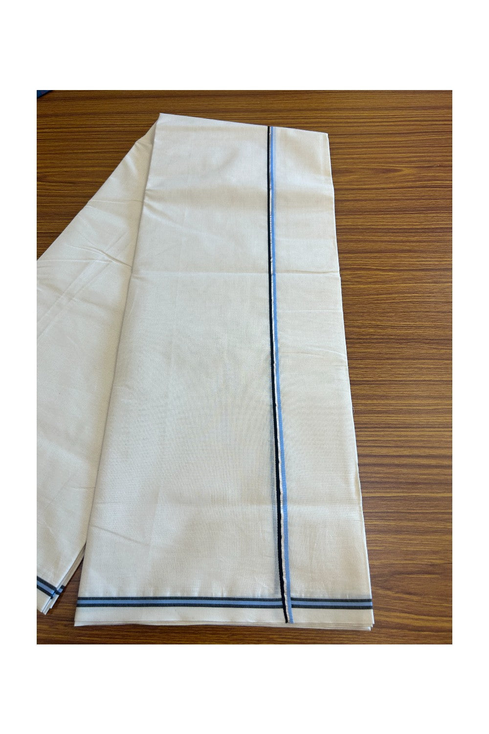 19% Discount!!  KaithariKada Balaramapuram 100% Cotton Double off white - (Unbleached) Mundu/Dhoti - 100X100 Blue Black & Silver Striped kara - 6KK5035ASH