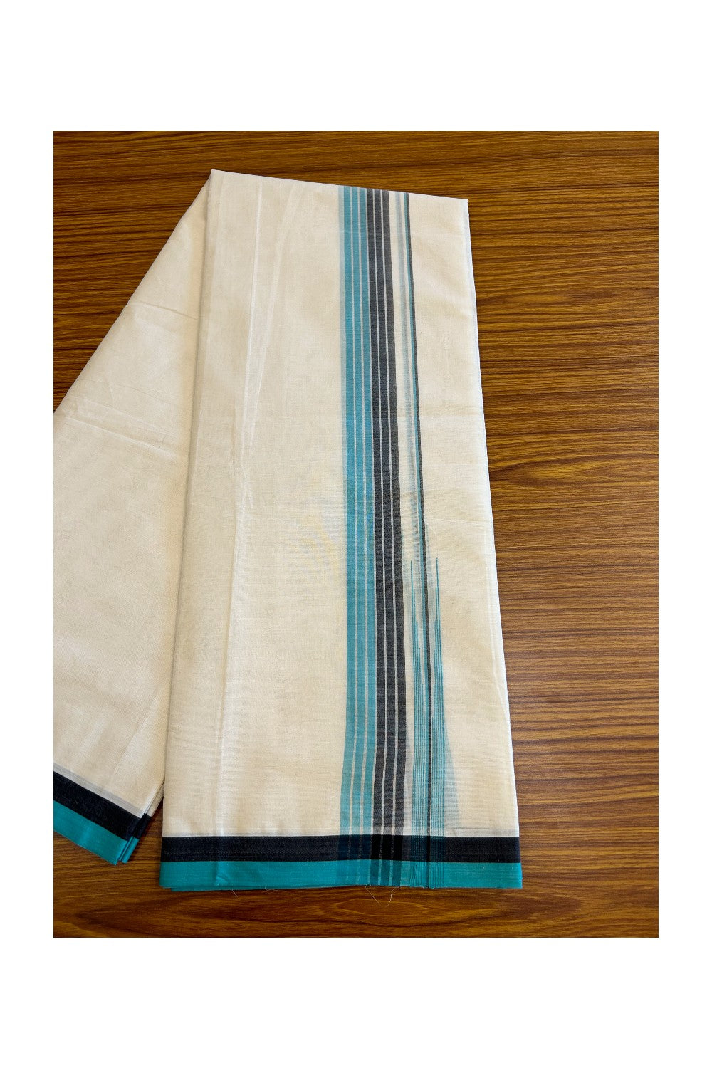 5% Discount!!! KaithariKada Balaramapuram  Double Off white - (Unbleached) Mundu/Dhoti - 80X90 - 1.75 inch Black Green Blue & Silver Striped puliyilakkara chutty Striped Kara- 20KK5037KAI