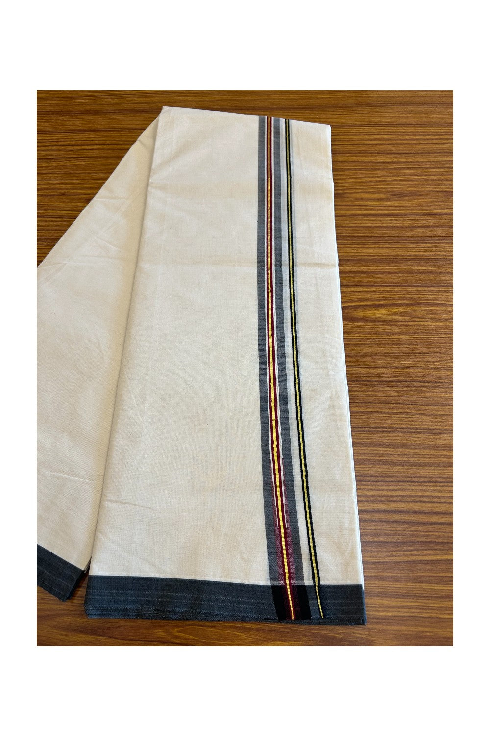 18% DISCOUNT!! Kaitharikada Balaramapuram 100% Cotton off WHITE Double - (Unbleached) Mundu/Dothi-100x100 1.75 inch Puliyilakkara Chutty Kasavu Black & Maroon Kara - 6KK5039ASH