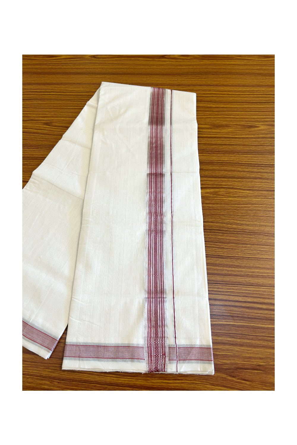 15% DISCOUNT! KaithariKada BALARAMAPURAM HANDLOOM UNAKKUPAAV - 100% PURE Cotton Double Mundu/Dhoti - 2.25 inch Silver Kasavu & Maroon Stripes Kara- 6KK503RAM