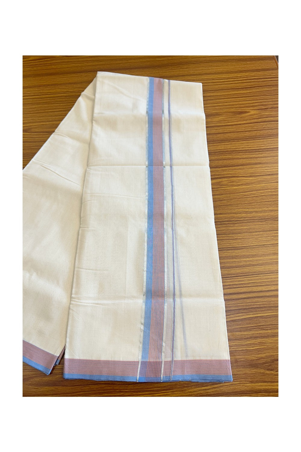 21% Discount KaithariKada HANDLOOM Unakkupaav Balaramapuram - 100% PURE Cotton Off white (Unbleached) Double Mundu/Dhoti - 2 inch  Blue+Pink-Orange Stripes & Silver kasavu - 140