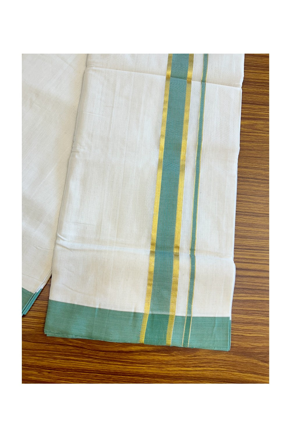 21% Discount KaithariKada HANDLOOM Unakkupaav Balaramapuram - 100% PURE Cotton Off White (Unbleached) Double Mundu/Dhoti - 2.5 inch Kasavu & Blue Green Stripes-212