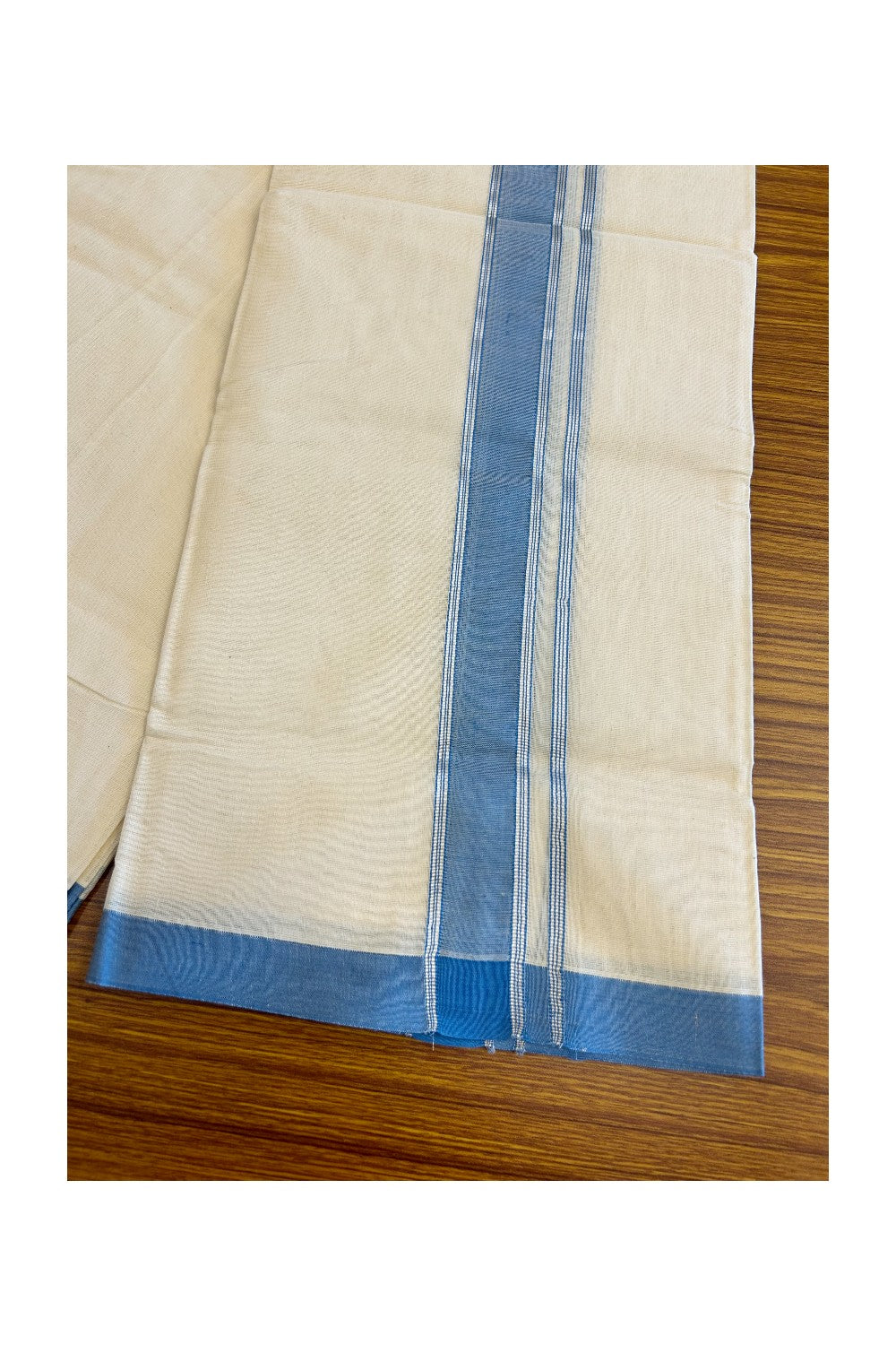 20% Discount !! KaithariKada Balaramapuram 100% Cotton Double Off white -(Unbleached) Mundu/Dhoti-100x80 - 2inch Silver Kasavu & Blue Striped Kara- 6KK5045ASH