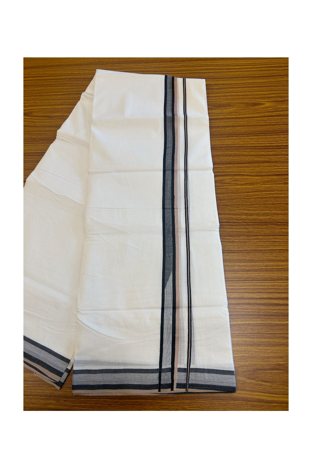 24% Disocunt! NEW PURE WHITE HANDLOOM UNAKKUPAAV Balaramapuram - 100% Cotton Double Pure White - Mundu/Dhoti - 100x100 1.25 inch BLACK & SAND BROWN Striped Kara 3.68 mtrs - 6KK5048REA