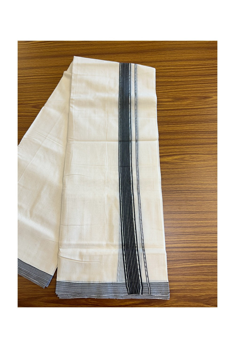 15% DISCOUNT! KaithariKada BALARAMAPURAM HANDLOOM UNAKKUPAAV - 100% PURE Cotton off white (Unbleached) Double Mundu/Dhoti - 2  inch Silver Kasavu & Black Stripes Kara-65