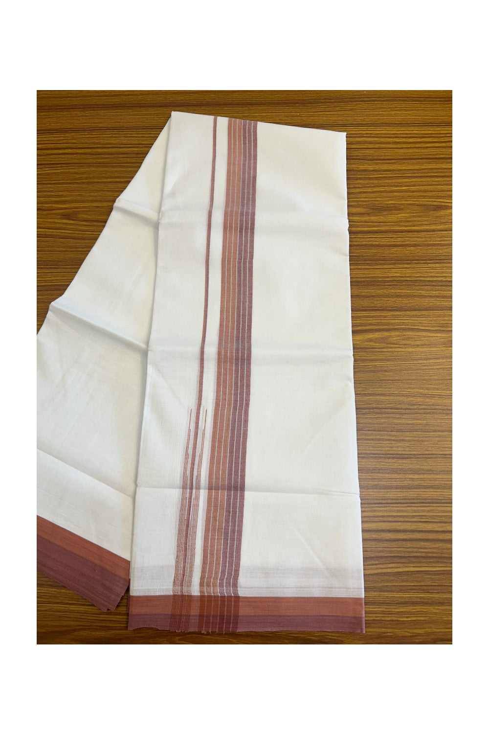 19% Discount!!! KaithariKada Balaramapuram  PURE WHITE Double Mundu/Dhoti - 80X90 - 2.25 inch Silver stripes Brick Orange & Light maroon  puliyilakkara striped chutty kara 3.85 meters - 6KK5058GUN