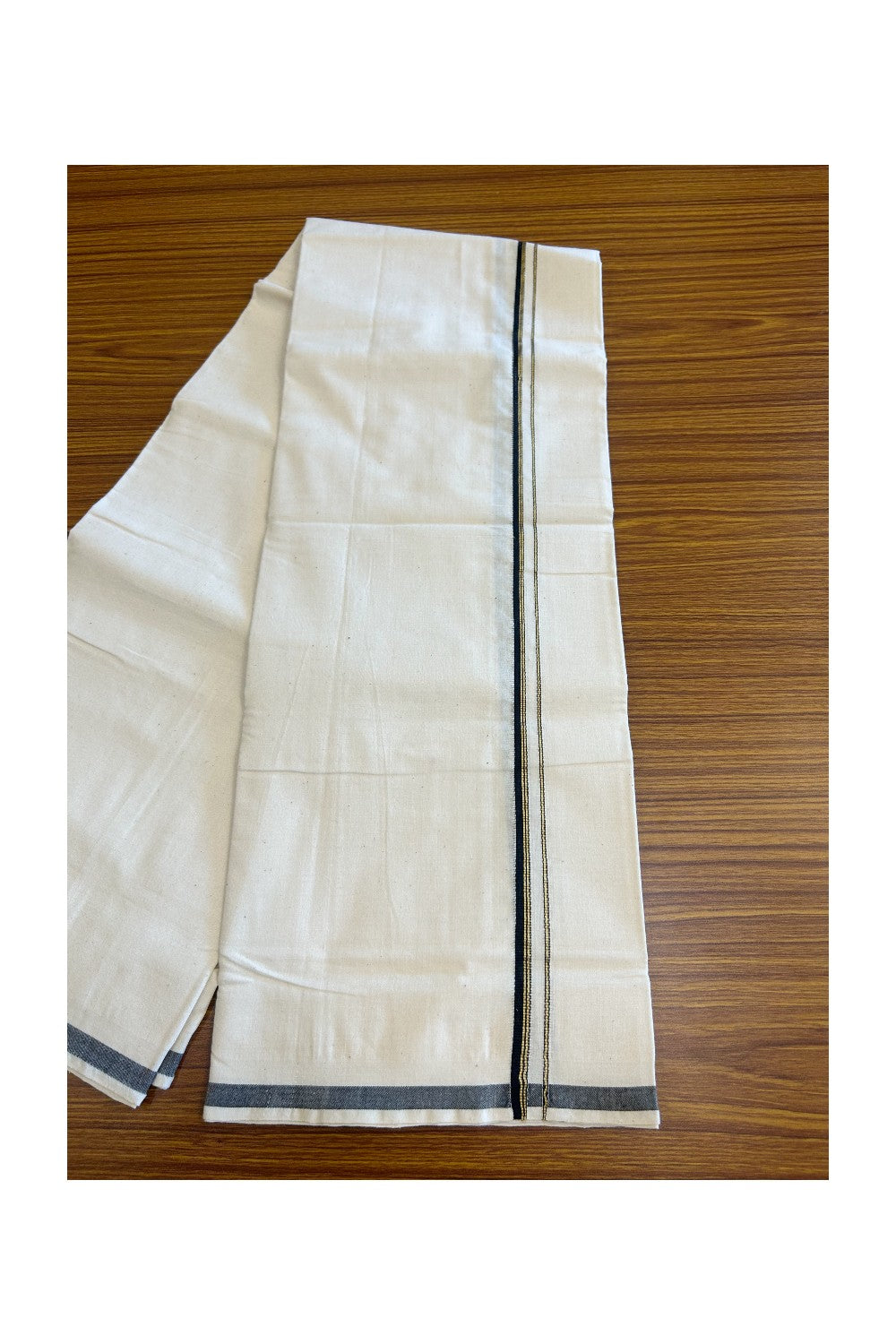 32% Discount ! KaithariKada 100% Cotton Balaramapuram HANDLOOM Single Mundu/Dhoti - Off White (Unbleached) 1.cm Black & kasavu stripes  kara -9