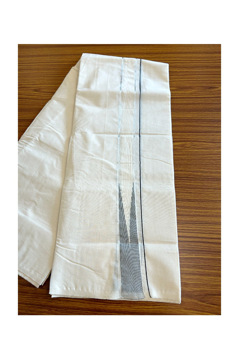 28% OFFER ! KaithariKada Balaramapuram 100% Cotton Double OFF WHITE - (Unbleached) Mundu/Dhoti - 100x100 - 2.25 inch Puliyilakkara Heavy Chutty Black Silver Stripes - 6KK5063KK