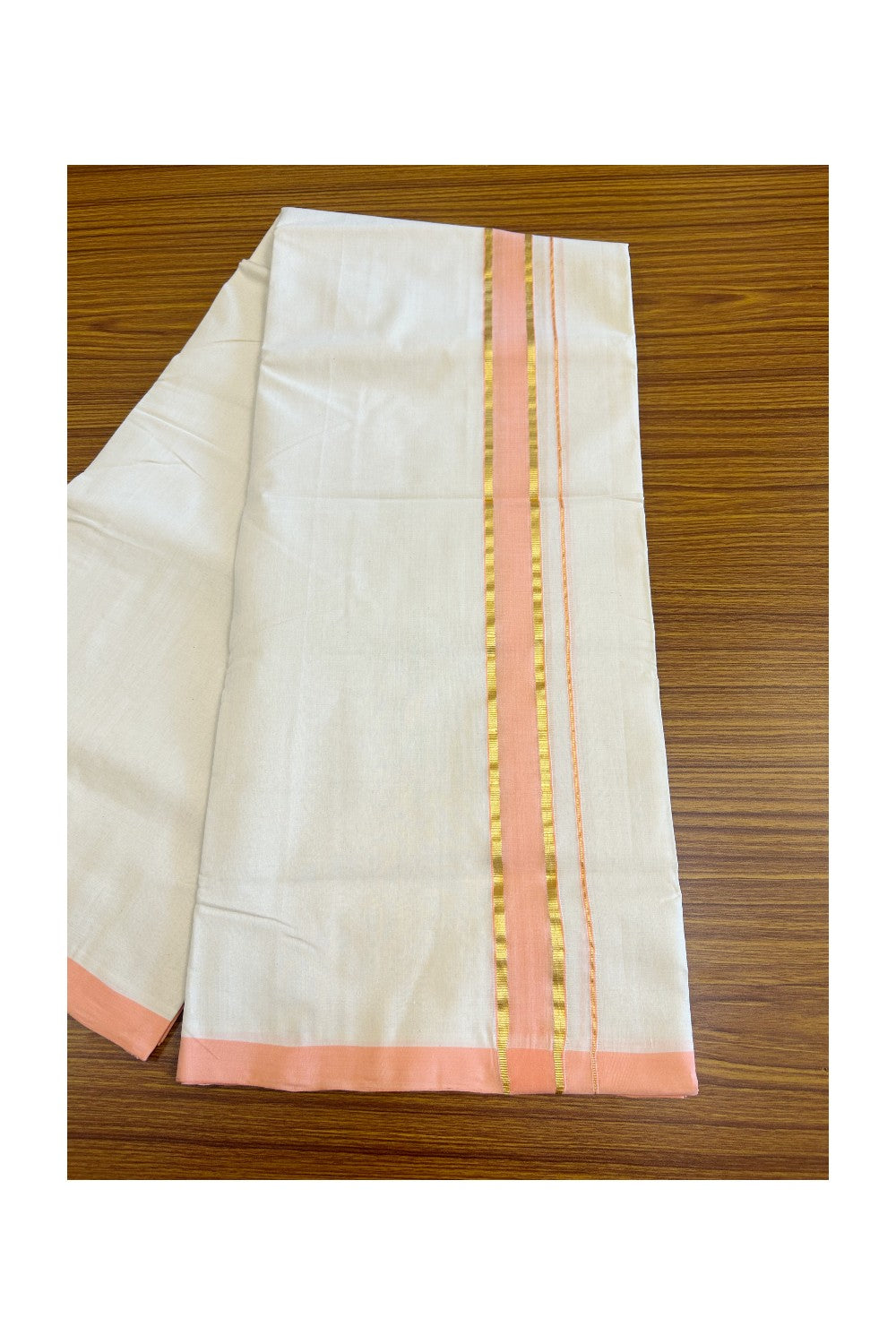 19% Discount !! KaithariKada HANDLOOM millpaav Balaramapuram - 100% PURE Cotton OFF White Double - (Unbleached)  Mundu/Dothi - 2.25  inch Kasavu & Peach Kara 4.5 Meters (10 Muzham) - 6KK5081RAM